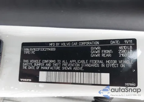 2012 Volvo S60 T5 z USA, uszkodzony, nr VIN YV1622FS3C2114909